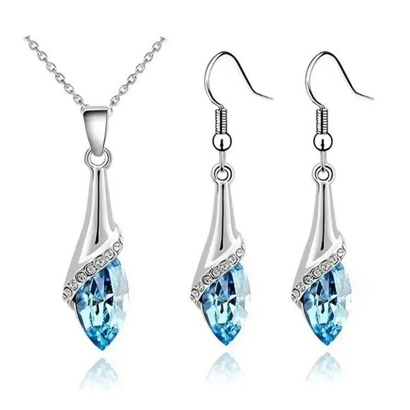 Elegant Bohemian Angel Eye Crystal Pendant Necklace and Earrings Set Sky Blue - Picture 1 of 2